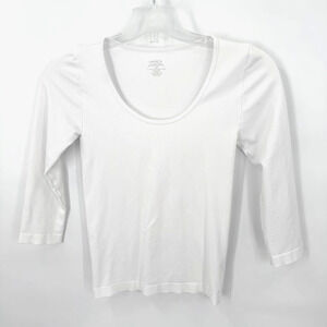 French Laundry White Ribbed Scoop Neck 3/4 Sleeve Stretch Knit Top Womens S
